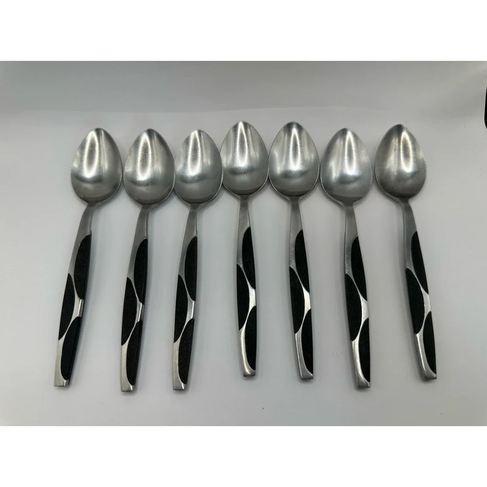 Service for 6 Vintage Japan Black Half Circle Flatware Forks Knives Tablespoons